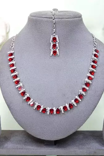 Maroon color rhodium plating festive wear designer necklace set