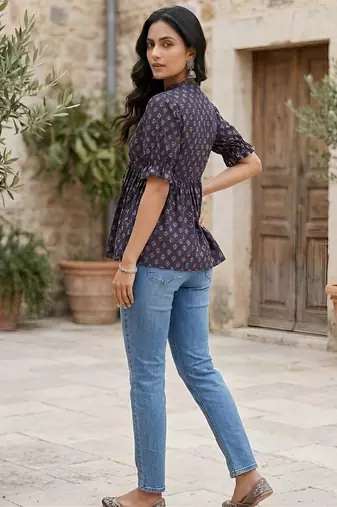 Blue cotton printed top for women