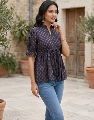 Blue cotton printed top for women 3