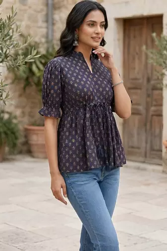 Blue cotton printed top for women