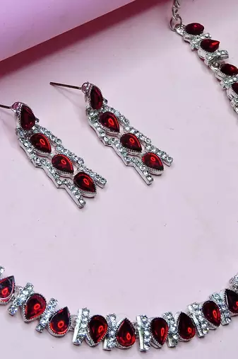 Maroon color rhodium plating festive wear designer necklace set