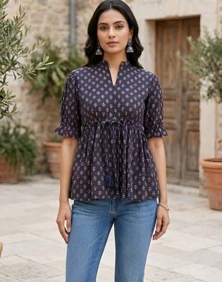 Blue cotton printed top for women 4