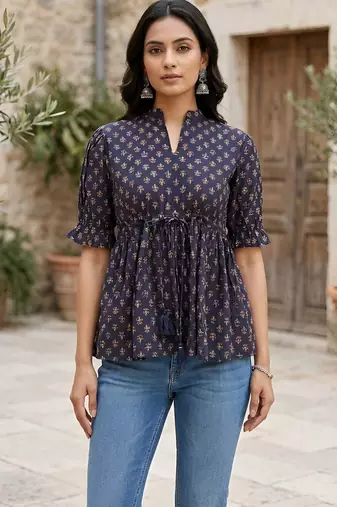Blue cotton printed top for women