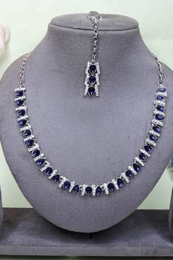 Blue color rhodium plating festive wear designer necklace set