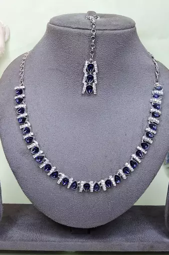 Blue color rhodium plating festive wear designer necklace set