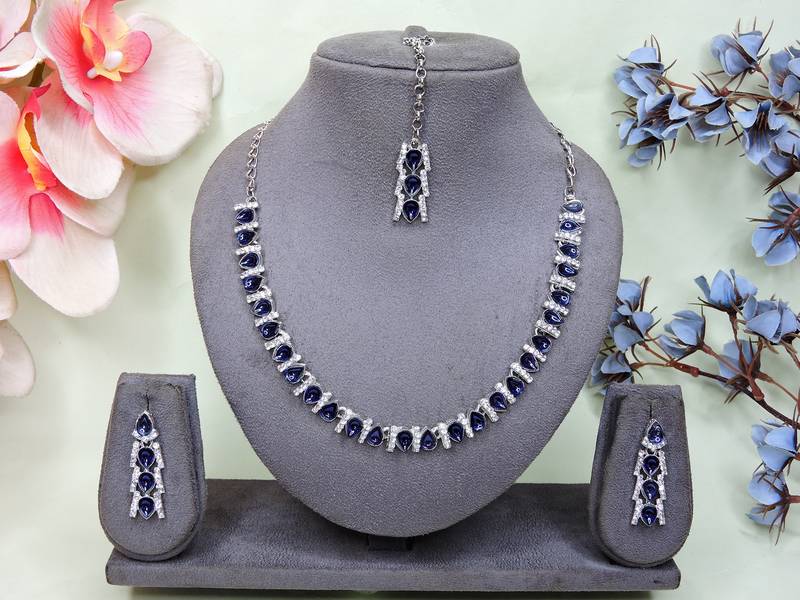 Blue color rhodium plating festive wear designer necklace set