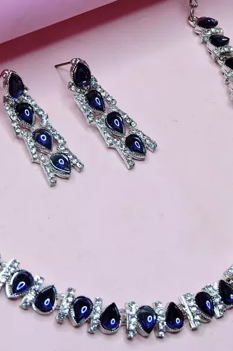 Blue color rhodium plating festive wear designer necklace set
