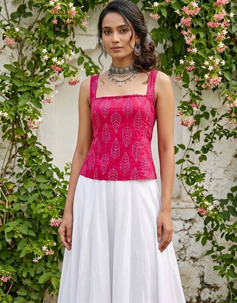 Pink cotton printed top for women