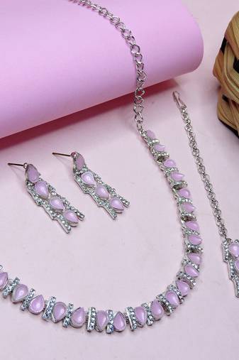 Pink color rhodium plating festive wear designer necklace set