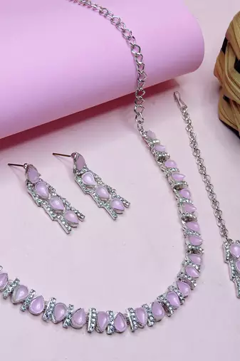 Pink color rhodium plating festive wear designer necklace set