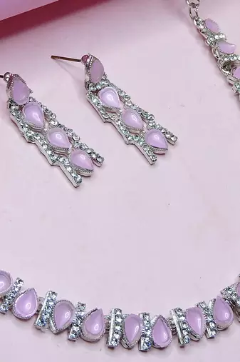 Pink color rhodium plating festive wear designer necklace set