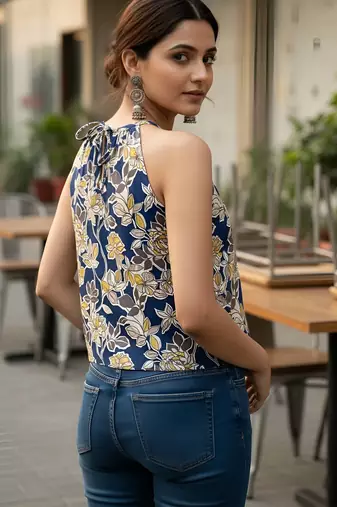 Blue cotton printed top for women