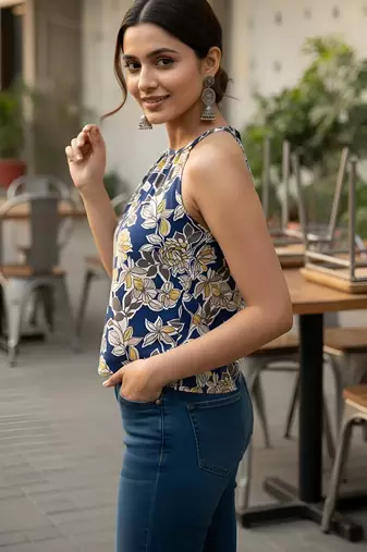 Blue cotton printed top for women