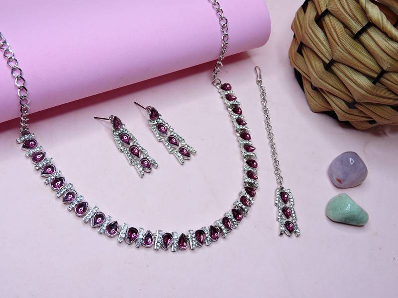 Purple color rhodium plating festive wear designer necklace set