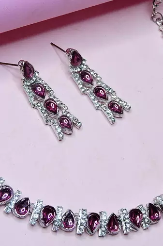 Purple color rhodium plating festive wear designer necklace set