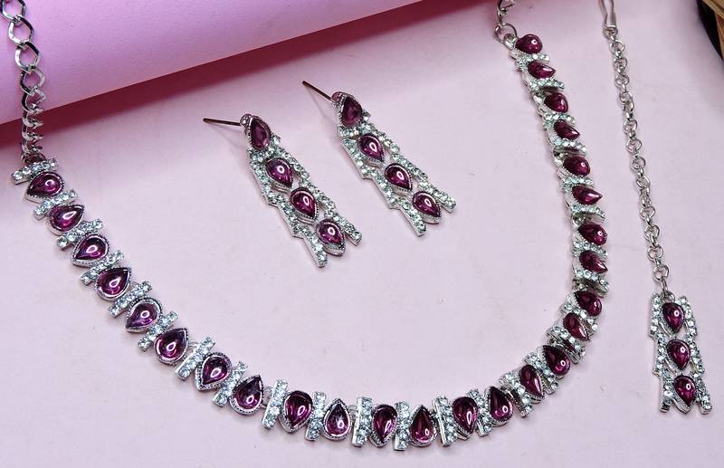 Purple color rhodium plating festive wear designer necklace set