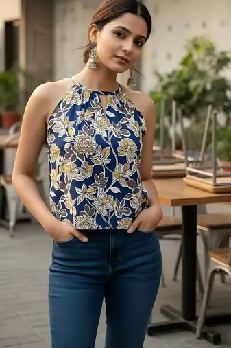 Blue cotton printed top for women
