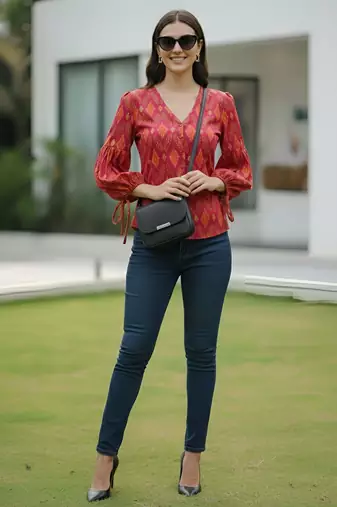 Pink cotton printed top for women