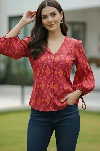 Pink cotton printed top for women