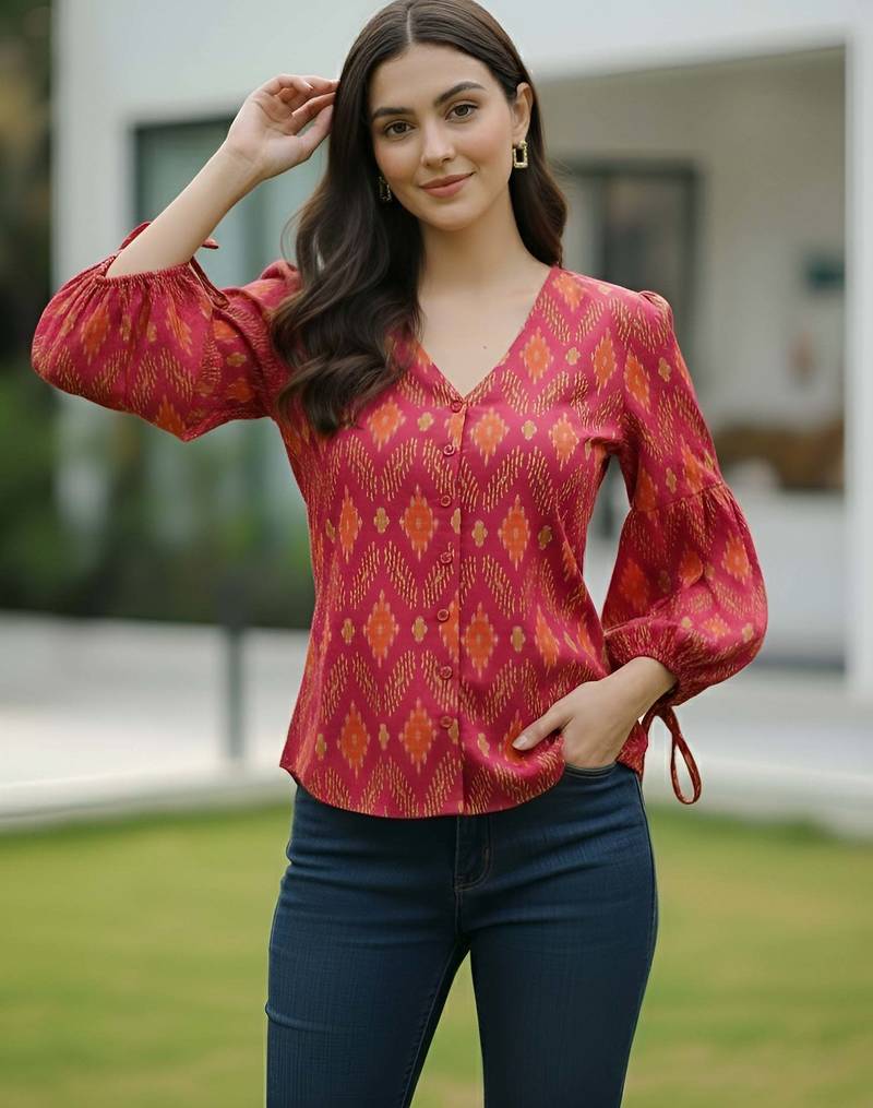 Pink cotton printed top for women