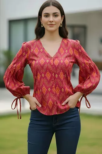 Pink cotton printed top for women