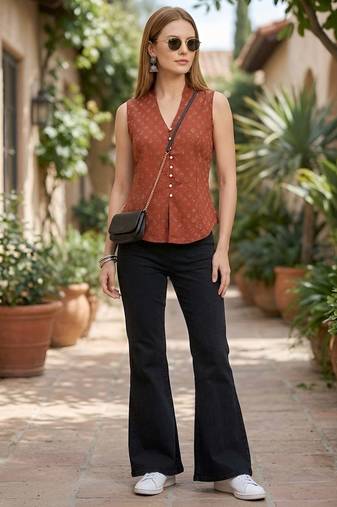 Orange cotton printed top for women