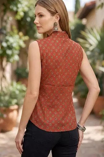 Orange cotton printed top for women