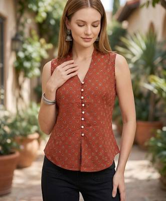 Orange cotton printed top for women 4