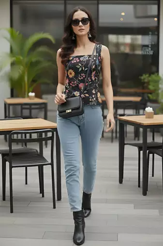 Black cotton printed top for women