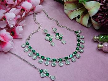 Green color rhodium plating festive wear designer necklace set 2