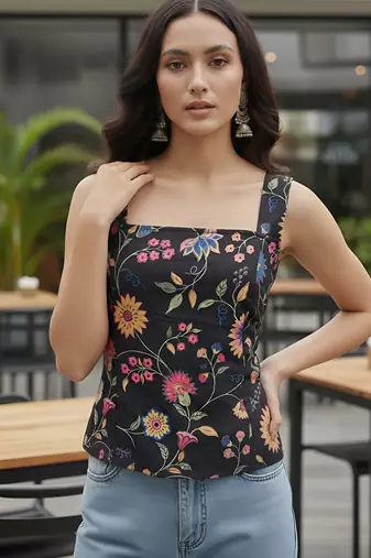 Black cotton printed top for women