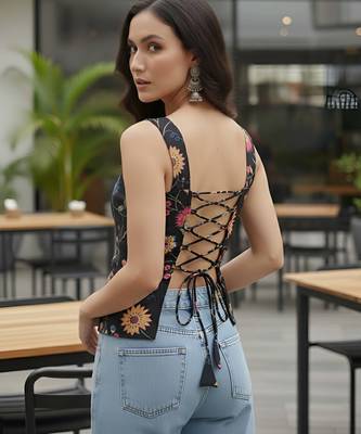 Black cotton printed top for women 3
