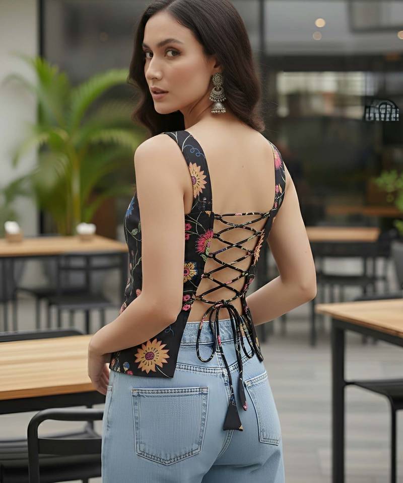 Black cotton printed top for women