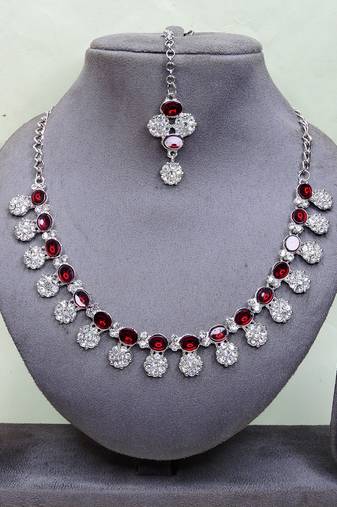 Maroon color rhodium plating festive wear designer necklace set