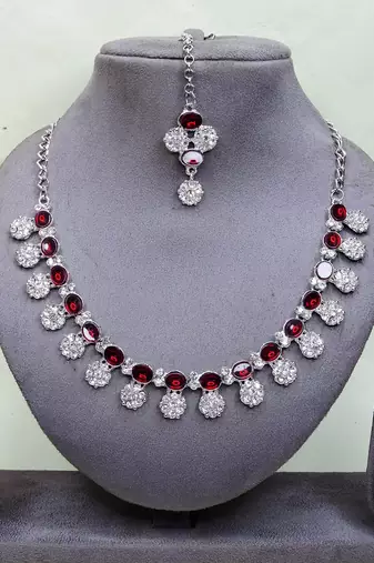 Maroon color rhodium plating festive wear designer necklace set