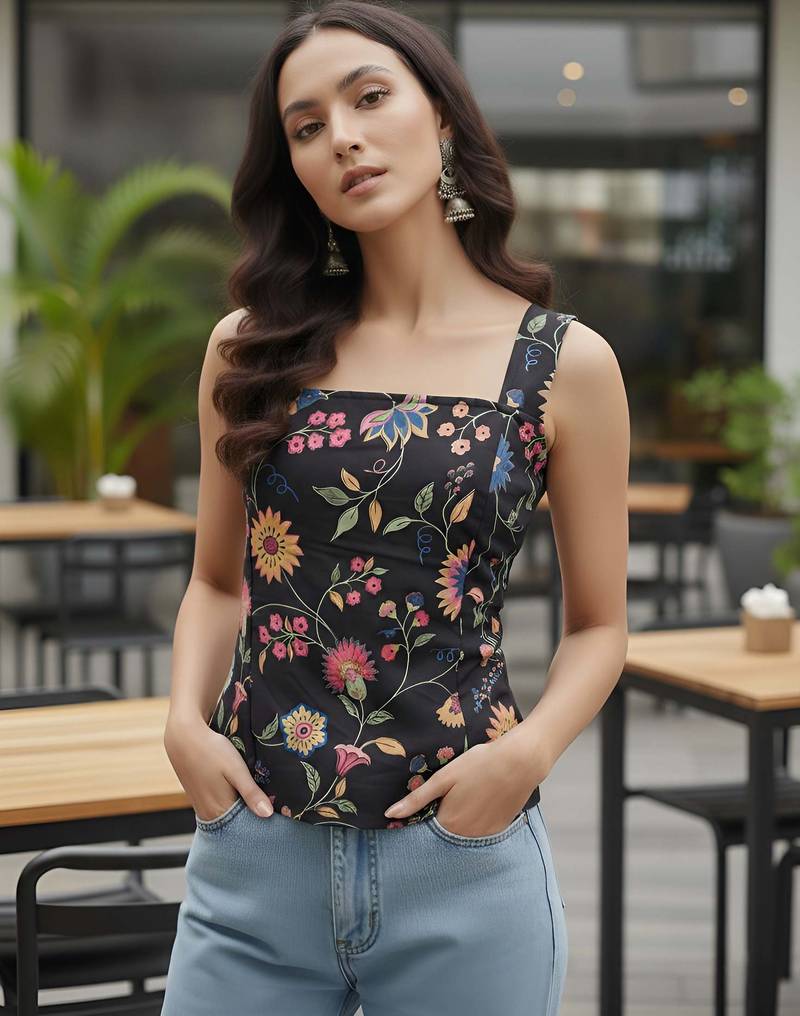 Black cotton printed top for women