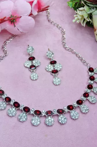 Maroon color rhodium plating festive wear designer necklace set