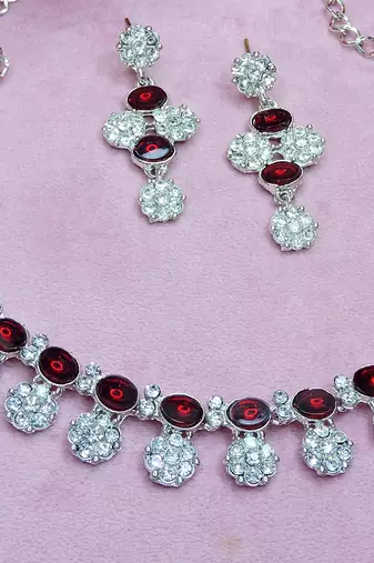 Maroon color rhodium plating festive wear designer necklace set