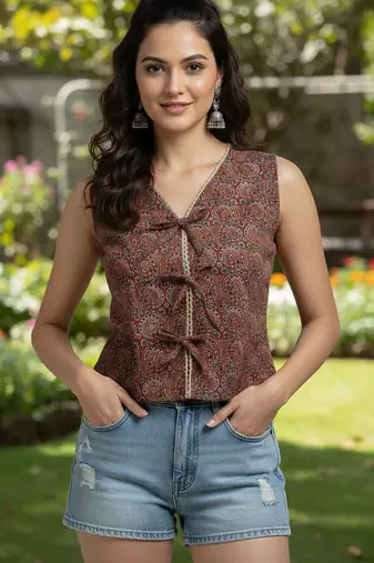 Maroon cotton printed top for women
