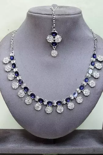 Blue color rhodium plating festive wear designer necklace set