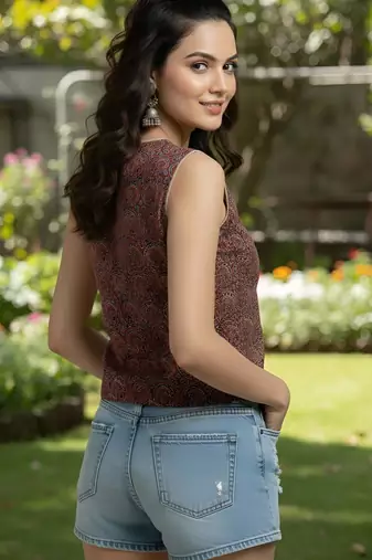 Maroon cotton printed top for women