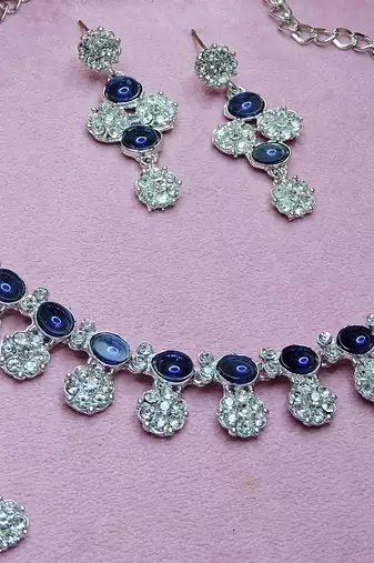 Blue color rhodium plating festive wear designer necklace set