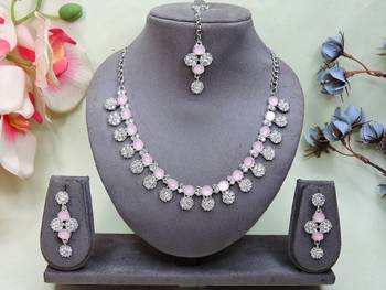 Pink color rhodium plating festive wear designer necklace set 1