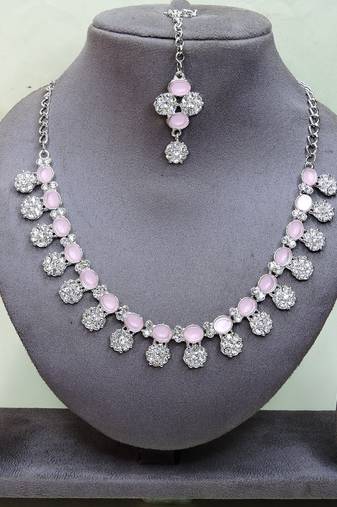 Pink color rhodium plating festive wear designer necklace set
