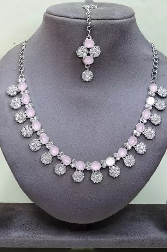 Pink color rhodium plating festive wear designer necklace set