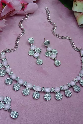 Pink color rhodium plating festive wear designer necklace set