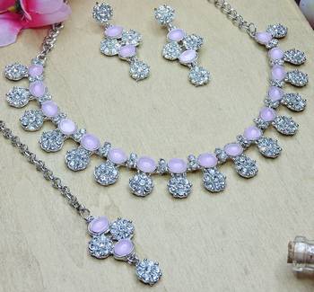 Pink color rhodium plating festive wear designer necklace set 3