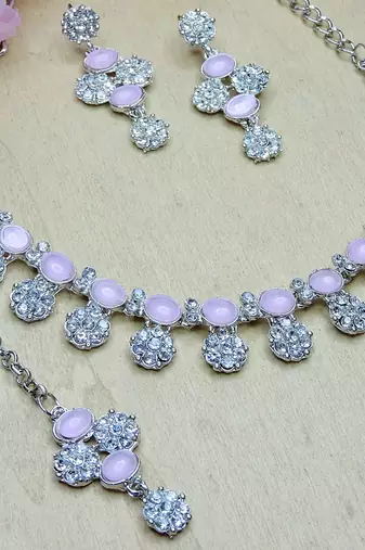 Pink color rhodium plating festive wear designer necklace set