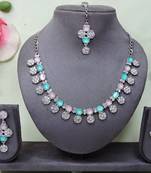 Green color rhodium plating festive wear designer necklace set