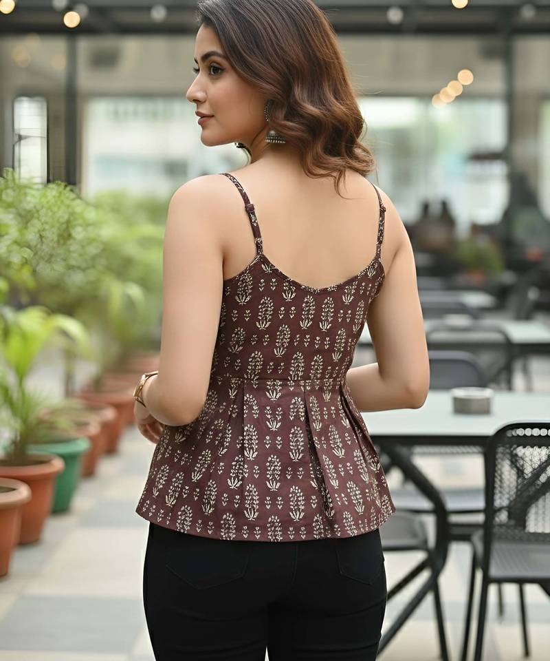 Brown cotton printed top for women